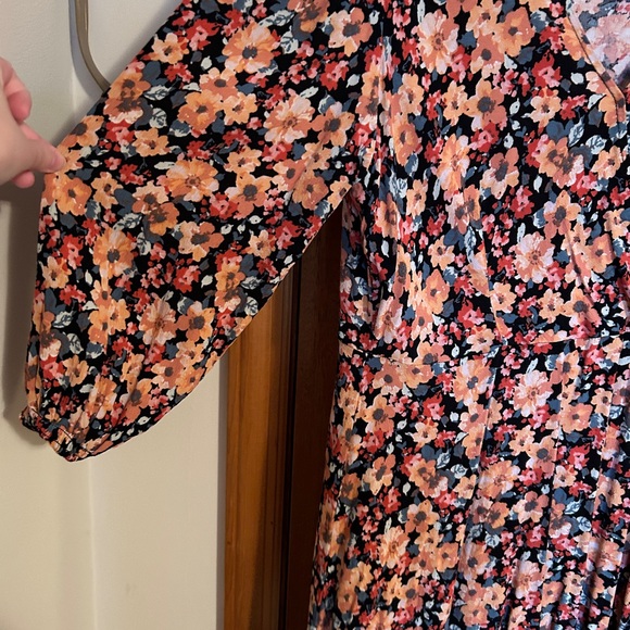 Spring Floral Wrap Dress Scrunch Sleeve Easter Orange Pink Blue Flowers - Picture 4 of 9